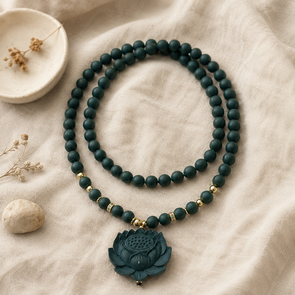 Pine Needle & Forest Essence Beads with "Green Lotus" Fragrant Plaque